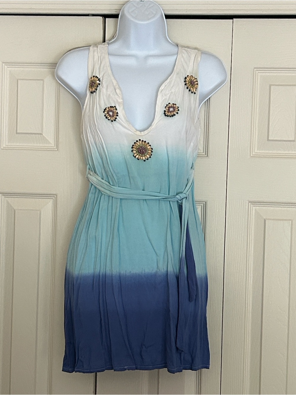 Sleeveless Ombre Blue Embellished Swim Cover-Up w/belt
